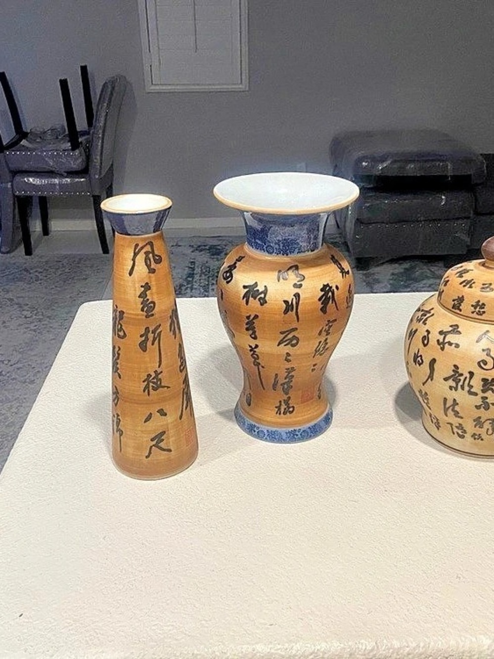 Ceramic Calligraphy Vessels Set of 3, Brown & Blue